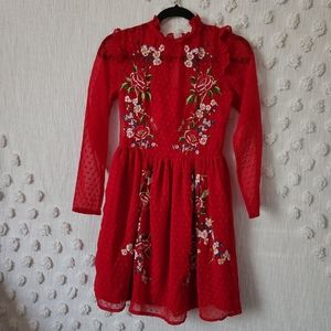 ASOS Red Swiss dot Chiffon Floral Embroidered Dress